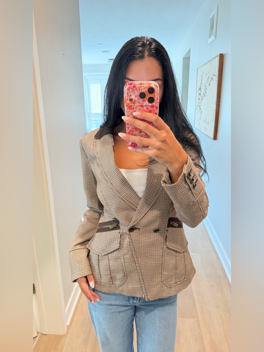 Brown Houndstooth Double-Breasted Blazer with Contrast Trim - Women